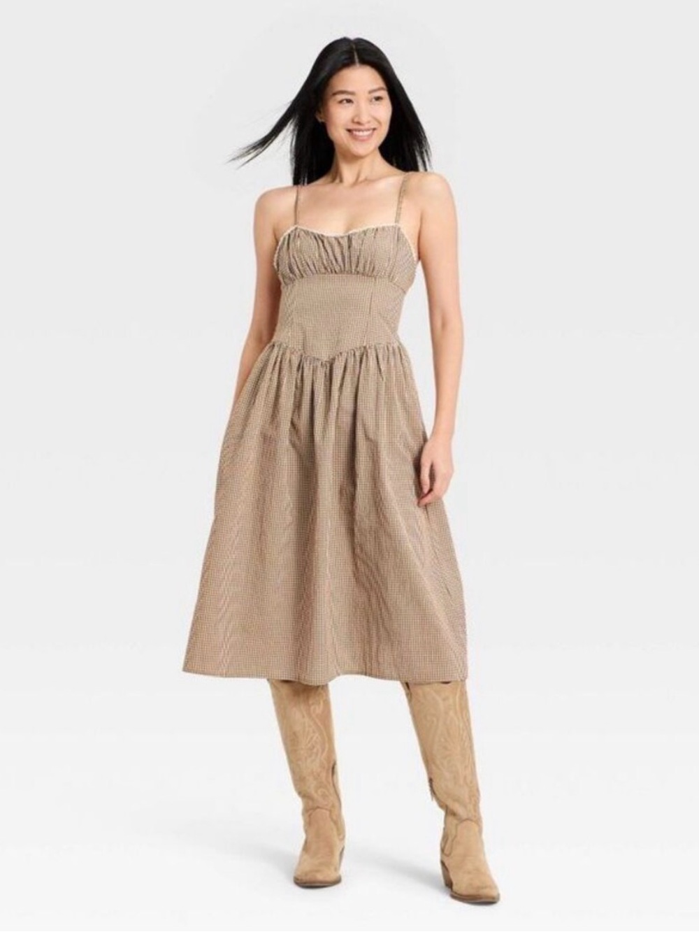 a new day Tan Gingham Smocked Midi Dress (M) NWT